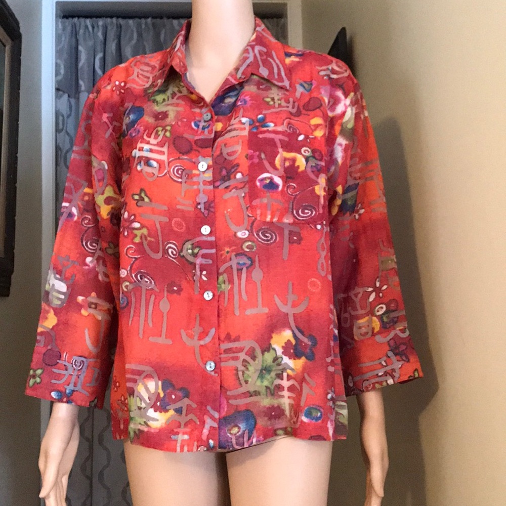 Chico's Size 2 Asian Print Burn Out Red Blouse